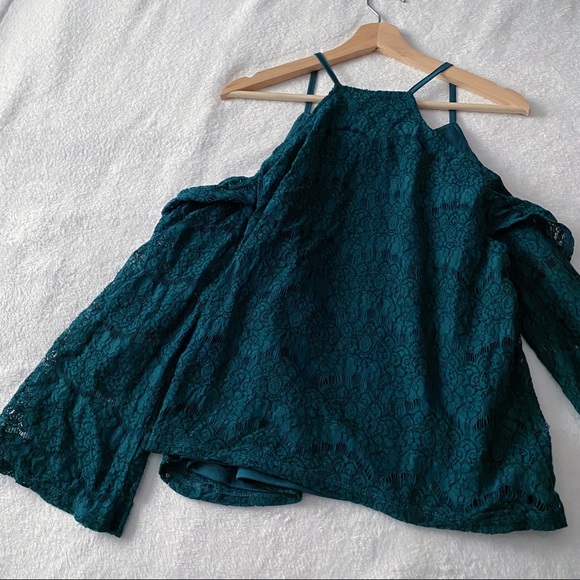 Dark Teal Cold Shoulder Lace Top - Picture 7 of 11